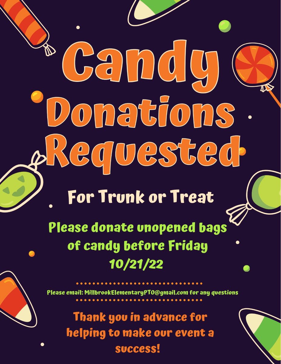 We’re in need of candy donations for our Trunk or Treat that will be held on October 27th. Please consider donating any unopened bags of candy before Friday, October 21st. Thank you so much in advance!