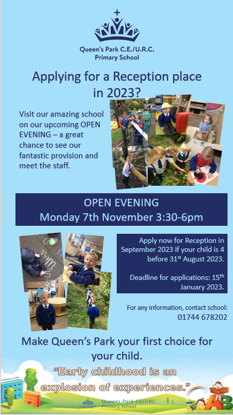 QueensCoEURC's tweet photo. Do you have a child starting school in September 2023?  Please come along to our Open Evening and see our wonderful EYFS provision and meet our staff. Make Queen's Park your first choice. 💛💙 https://t.co/zomu1e9YLN
