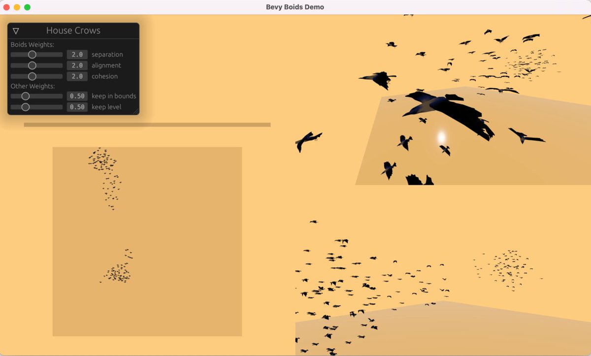 Dinaconference's tweet photo. Jay Bond spent time modeling and designing crows and their flocking behaviours with the Boids algorithm in Bevy and Rust https://t.co/smtr4bVuaR https://t.co/DIs6BOjU5d