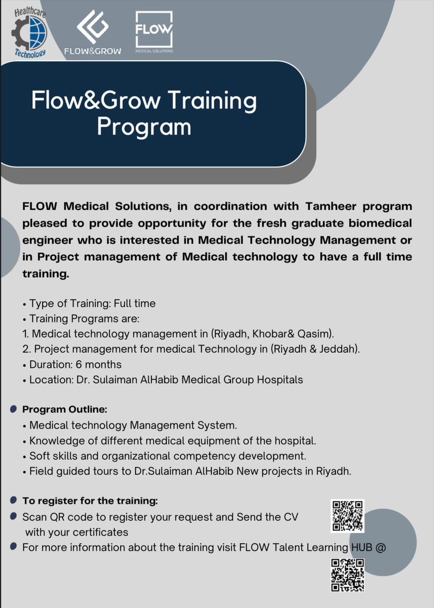 HealthcareTech9's tweet photo. تعلن شركة
 Flow medical solution
بالتعاون مع  منصة
 Healthcare Technology
بأفتتاح التسجيل في برنامج 
Flow and Grow 
ضمن برنامج تمهير و الذي يعنّي بتدريب خريجي الهندسة الطبية الحيوية في عدة مجالات خلال ٦ اشهر. https://t.co/Td5caGanaW