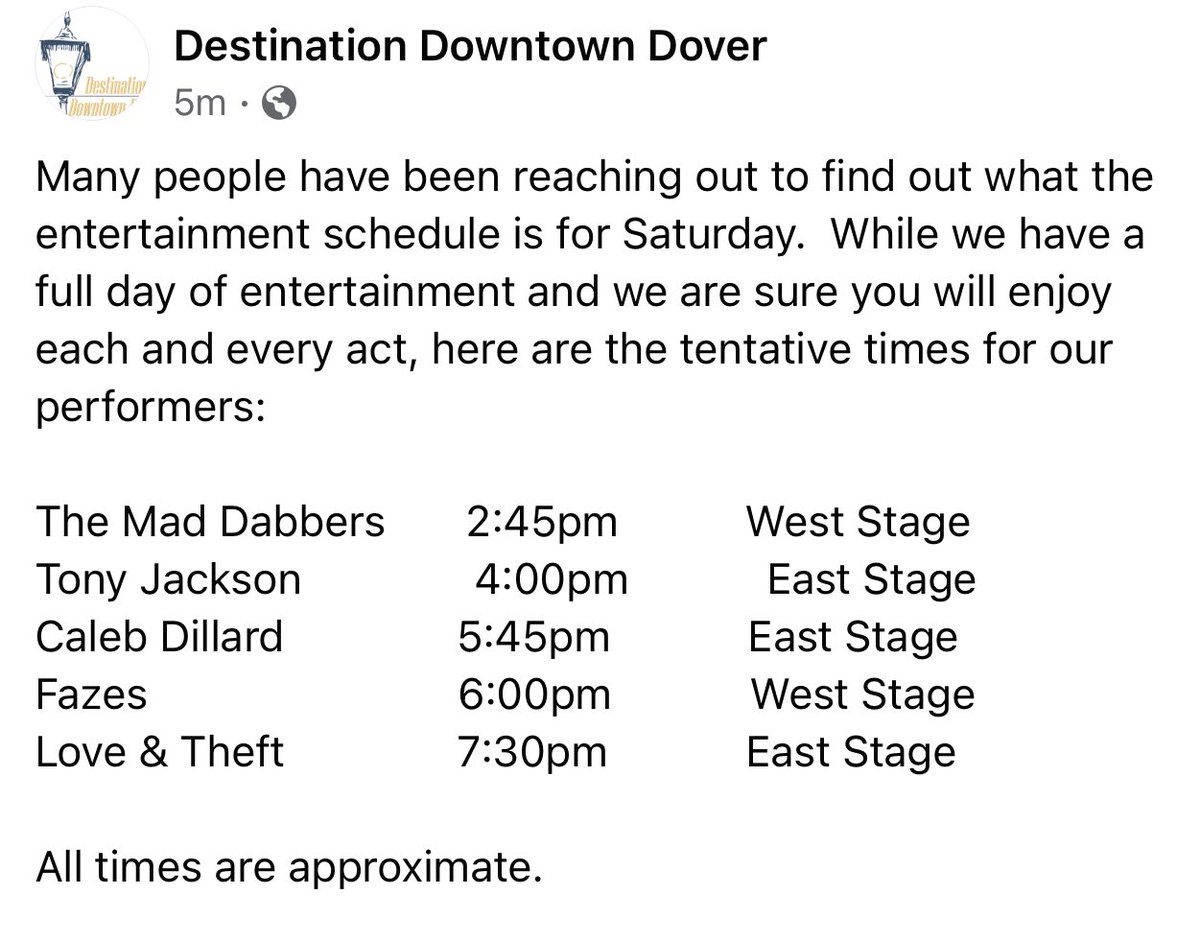 Destination Downtown Dover has shared the set times for OktDoverFest this Saturday. <a href="/loveandtheft/">Love and Theft</a> will be taking the EAST STAGE at approx 7:30pm. Please be sure to check out their website for parking info, directions, &amp; more! destinationdowntowndover.com <a href="/StephenBLiles/">Stephen Barker Liles</a> <a href="/Gundersoneric/">Eric Gunderson</a>
