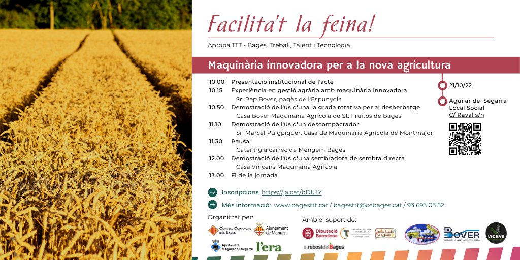 associaciolera's tweet photo. JORNADA | Maquinària innovadora per a la nova agricultura
📅Divendres 21 d'octubre
⏱️De 10 a 13 h
📍Aguilar de Segarra
📌Amb en Pep Bover, demostració de maquinària i piscolabis
Inscripcions gratuïtes a https://t.co/2iD2rf1bTK
@PagesosGPS @ecamanresa @ExtensiusCat
#extensius https://t.co/mjLlI31iyV
