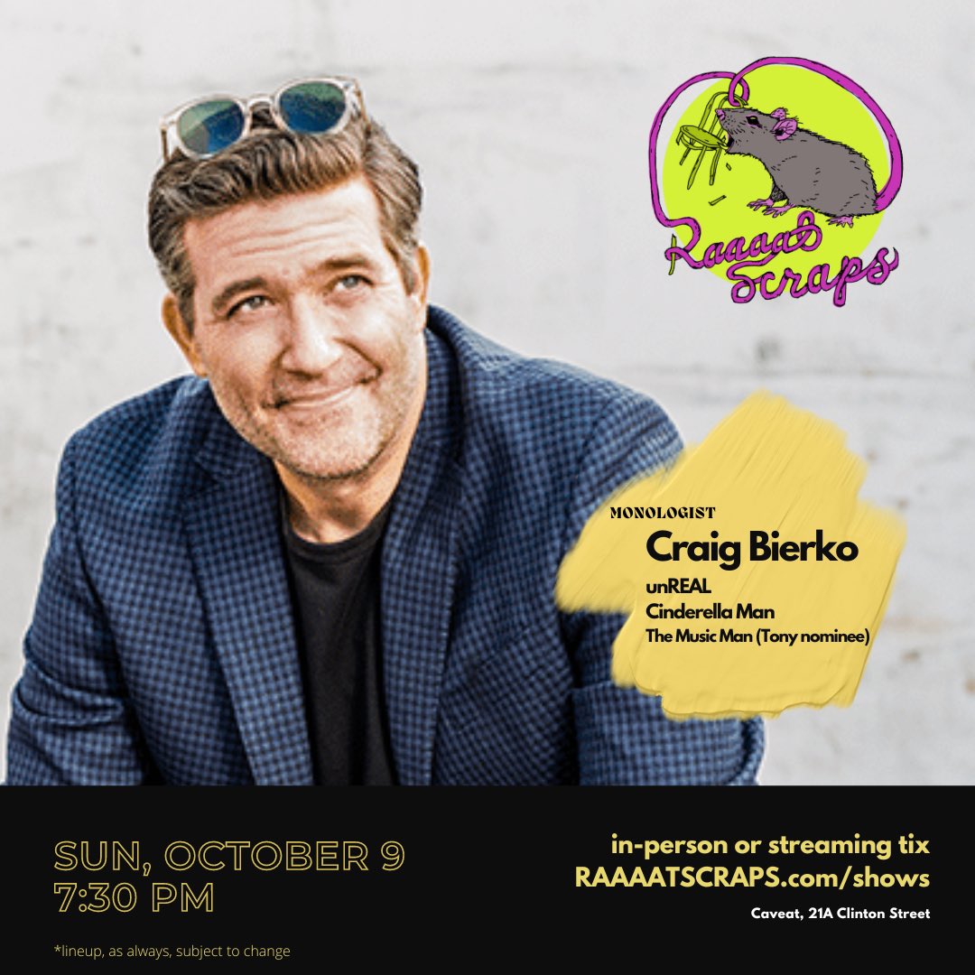 RAAAATSCRAPS's tweet photo. This Sunday, October 9th: Tony nominated actor @MrCraigBierko (UnREAL, Cinderella Man, Boston Legal, The Music Man, so many more things!)

Get your in-person tix now or stream it from home! 

https://t.co/6b3LKFb8M7 https://t.co/jtJ7ERR0oB