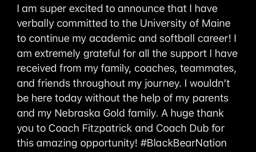 kalythomas's tweet image. I am excited to announce that I will be continuing my academic and athletic career playing softball at the University of Maine! I can’t wait to be a Black Bear! 💙🤍🖤#BlackBearNation #GoBlackBears #GoldDNA @NebraskaGold05 @nefury00 @Maine_Softball
