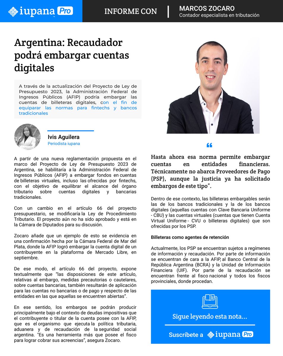 iupana's tweet photo. 🇦🇷 A través de la #actualización del Proyecto de Ley de Presupuesto 2023, la #AFIP podría #embargar las cuentas de #billeterasdigitales, con el fin de equiparar las normas para #fintechs y #bancos tradicionales.
👉 Lee la nota: https://t.co/6YHZVrB9EG https://t.co/TfBYzsa3h7