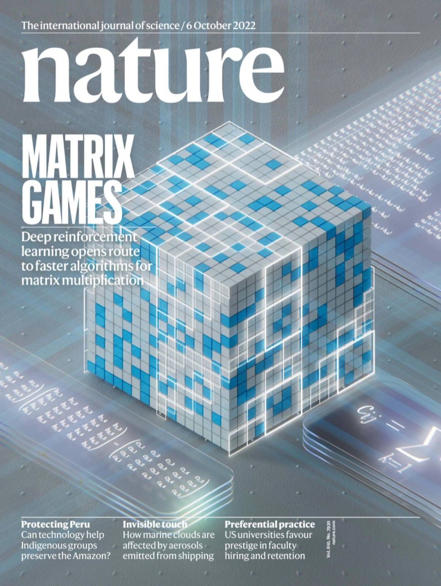 demishassabis's tweet image. Turns out everything is a matrix multiplication from computer graphics to training neural networks :) Our latest front cover @Nature paper on #AlphaTensor here: dpmd.ai/nature-alpha-t…