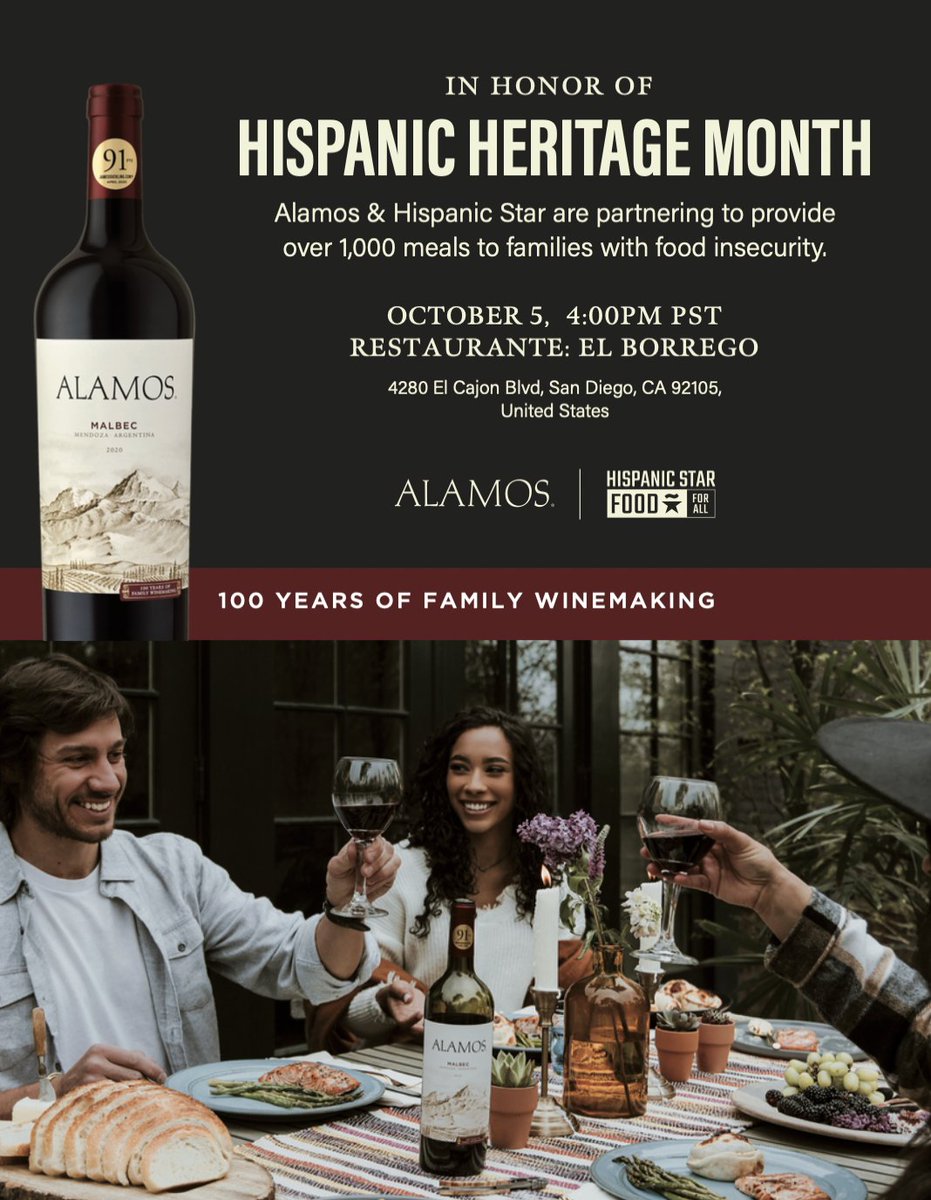 🔜Meals to families w/ food insecurity happening TODAY--In celebration of #HispanicHeritageMonth, #AlamosWines is partnering w/ @thehispanicstar & donating over 1,000 meals to help families in our communities w/ food insecurity. #CelebrateHeritage #IAM100 #HispanicCommunities