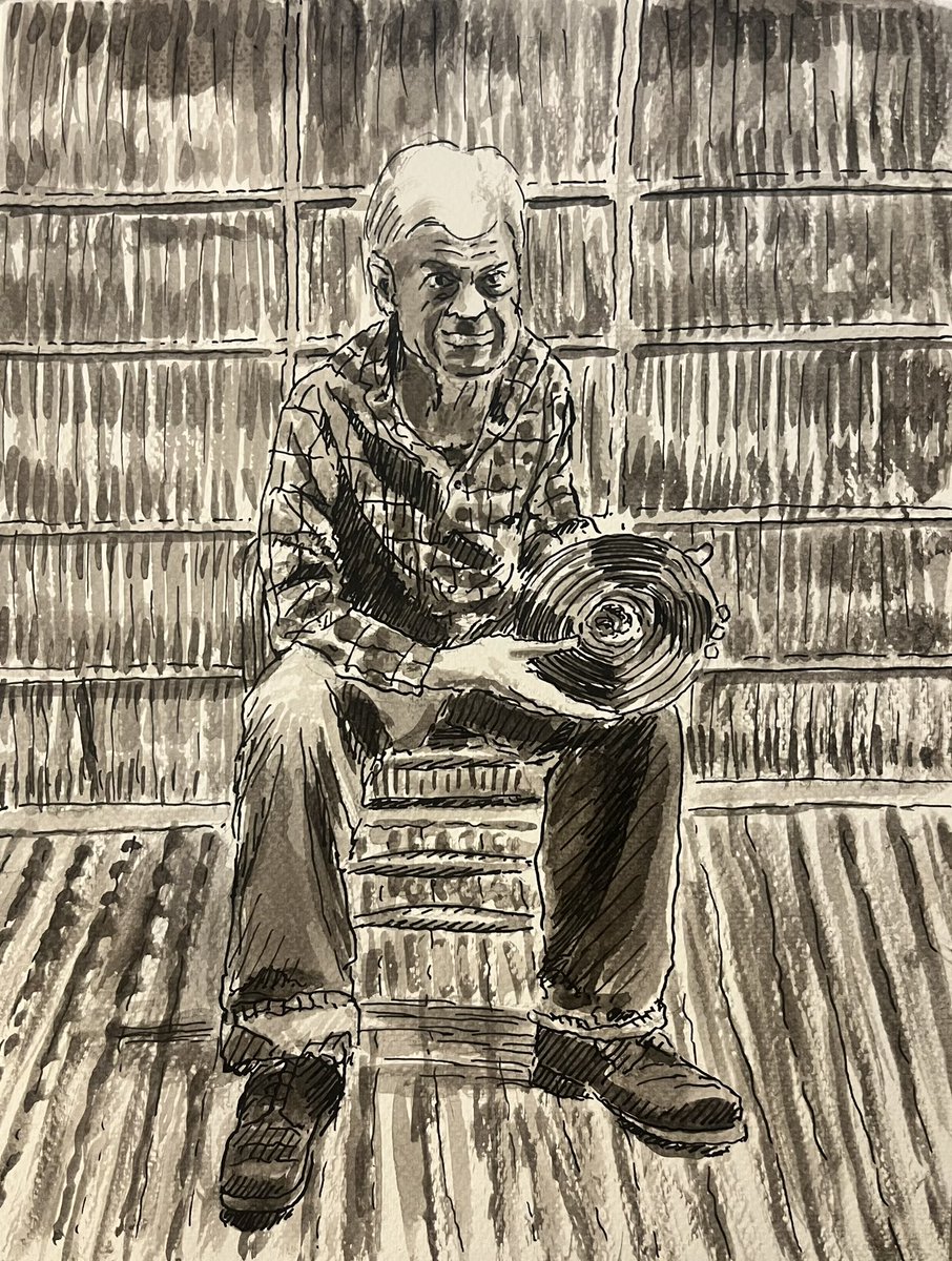 PeterLandau's tweet photo. Joe Bussard, Obsessive Collector of Old Records #obitpix #joebussard #78records #blues #jazz #country #jugband #gospel #artofinstagram #penandink #drawing #illustration #portraitdrawing https://t.co/VGT5uDclv3
