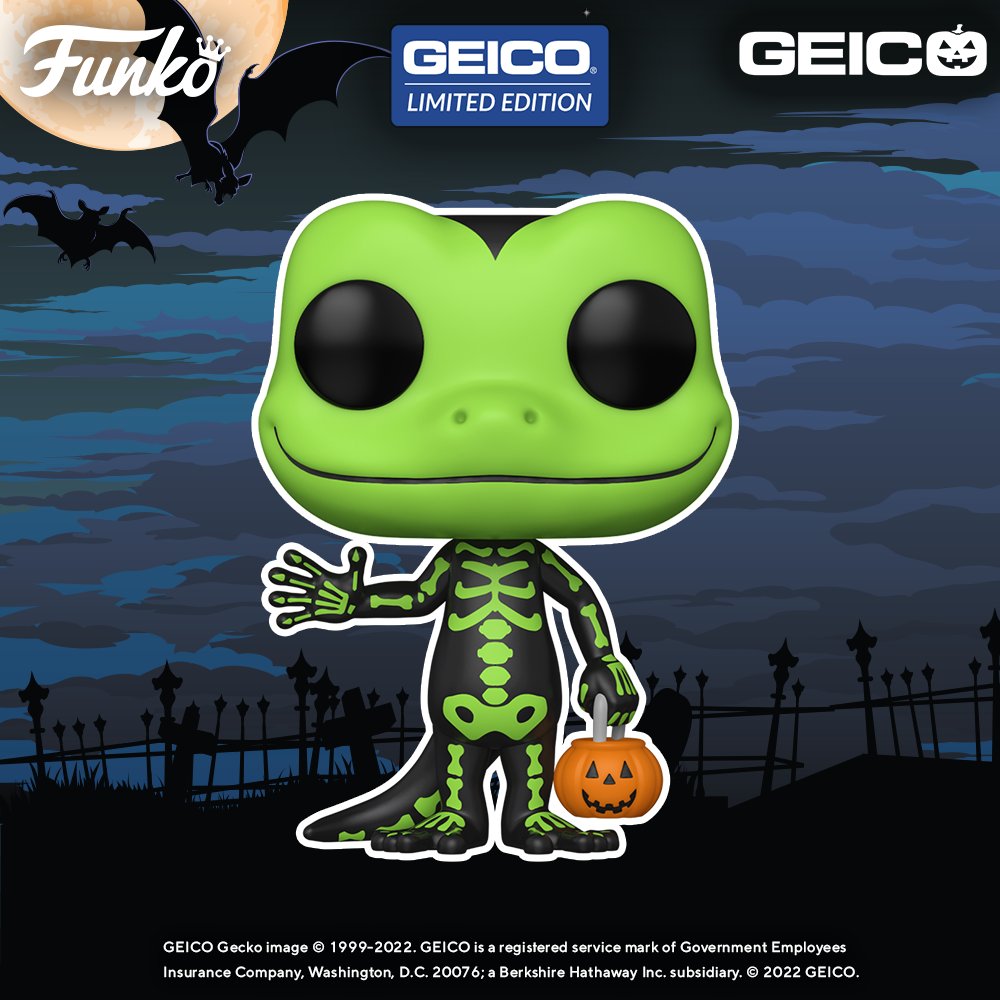 OriginalFunko's tweet photo. We're excited about our new collab, a special "treat" for Funkoween... we think @TheGEICOGecko makes a pretty cute skeleton POP! if we say so ourselves, ready to help you save by bundling 😊 Happy #GEICOween! https://t.co/kxZ0ychZG7 #PlaytoPOP #Funko https://t.co/tnwu1Fni7l