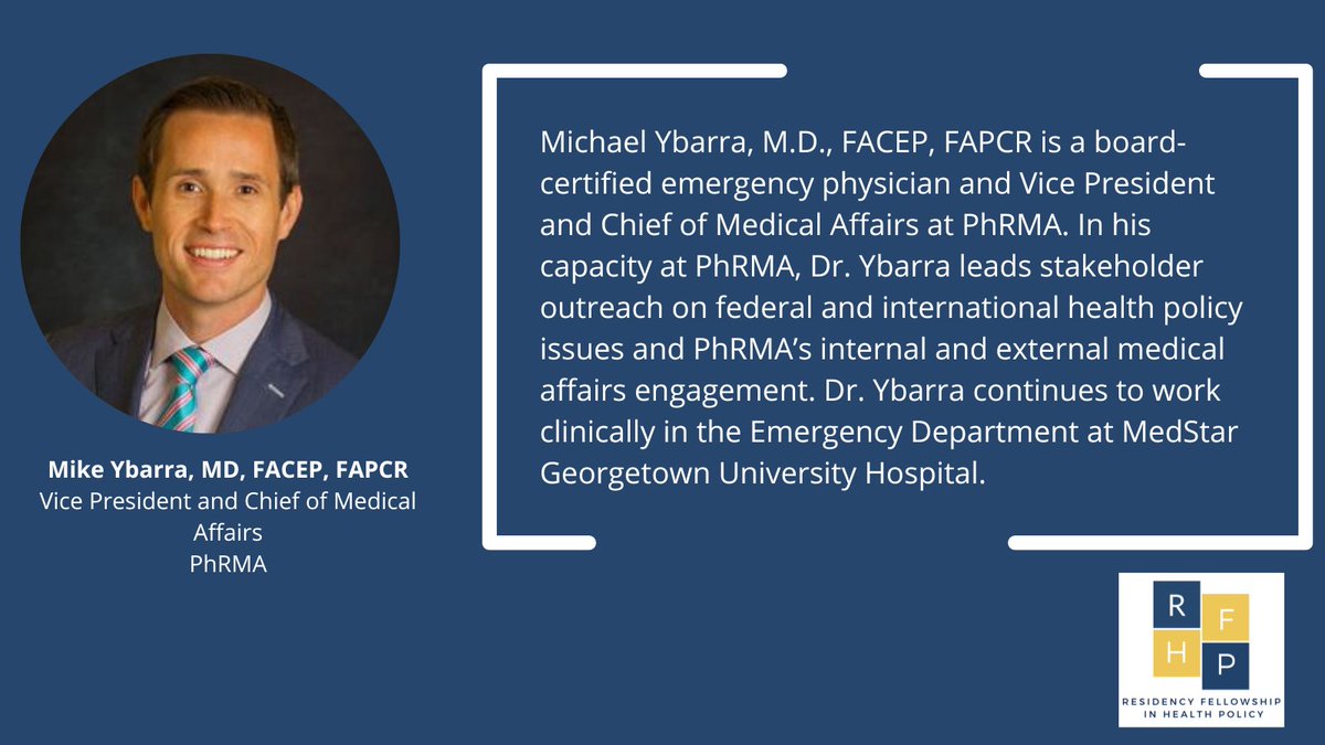 RFHP_GW's tweet photo. Presenting "PhRMA," Michael Ybarra is a board-certified emergency physician and Vice President and Chief of Medical Affairs at PhRMA.
#RFHP2022
https://t.co/0BVn4KVR3f……… https://t.co/Ln0lyrsc5G