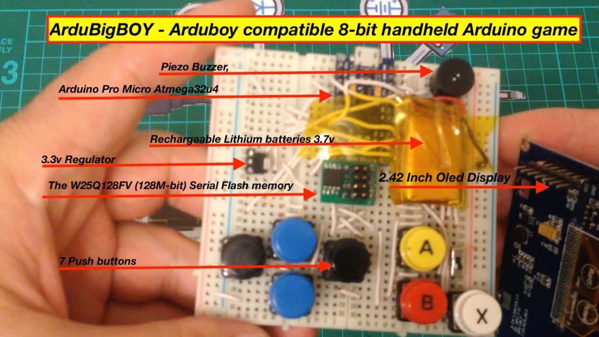 ArdubigBoy - Arduboy compatible 8bit handheld Arduino game <a href="/arduino/">Arduino</a> <a href="/hackaday/">hackaday</a> <a href="/hackadayio/">hackaday.io</a> <a href="/Hacksterio/">Hackster.io</a> <a href="/MicrochipMakes/">Microchip Makes</a> <a href="/ArduboyTweets/">Arduboy</a>