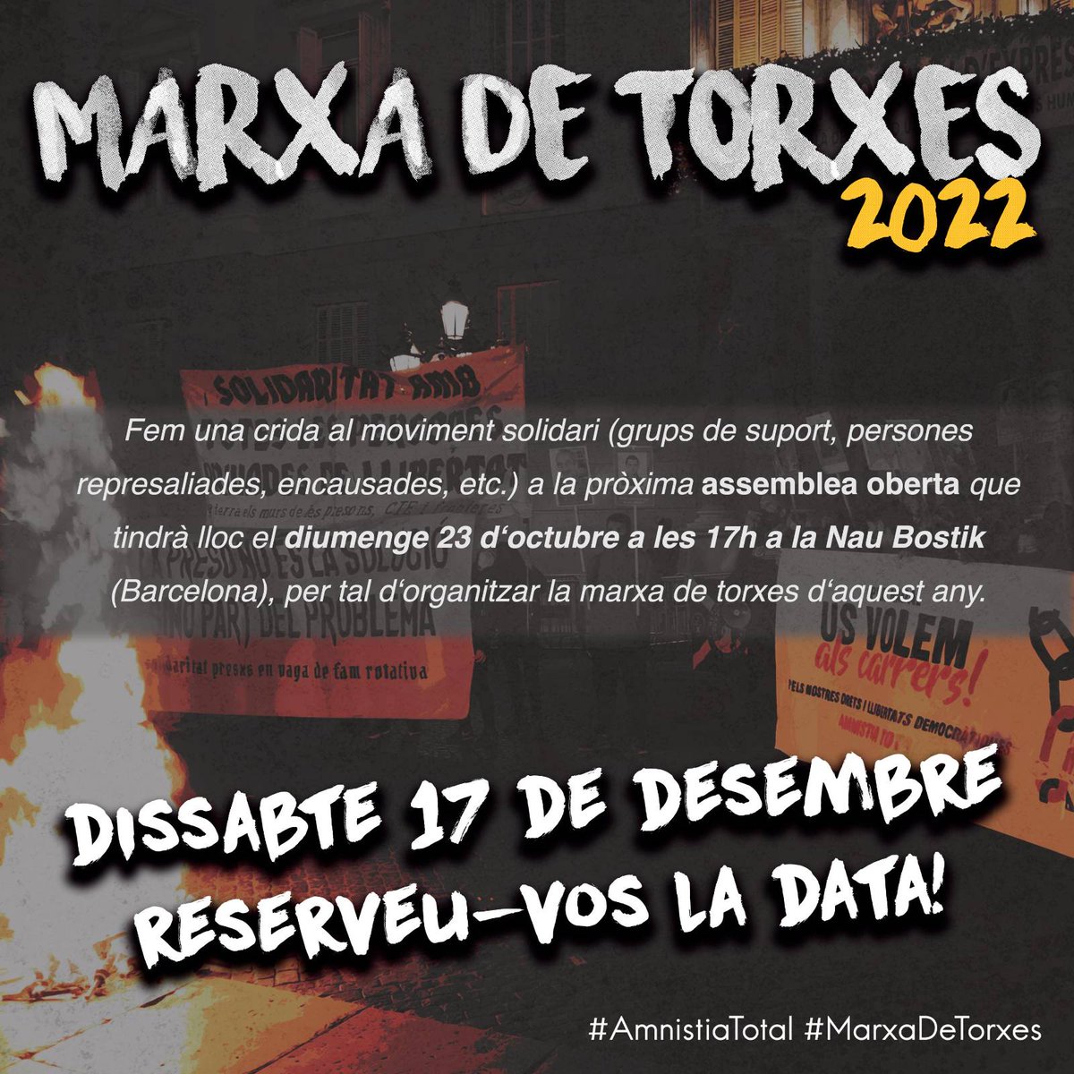 🔥 Com cada any, abans de Nadal se celebra la #MarxaDeTorxes, per denunciar la repressió i exigir la llibertat de TOTES les preses i represaliades polítiques, que han lluitat i lluiten per uns veritables drets i llibertats democràtiques que aquest estat monarco-feixista ens nega.