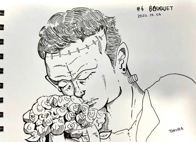 花束弔うフランケンシュタイン氏#inktober #inktober2022 #bouquet #インクトーバー 