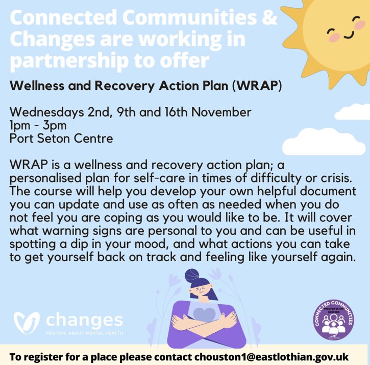 Two new courses PSG Area Partnership has funded in partnership with <a href="/Changes_CHP/">Changes East Lothian</a> SafeTalk and WRAP - register with Chloe on chouston1@eastlothian.gov.uk #MentalHealthMatters