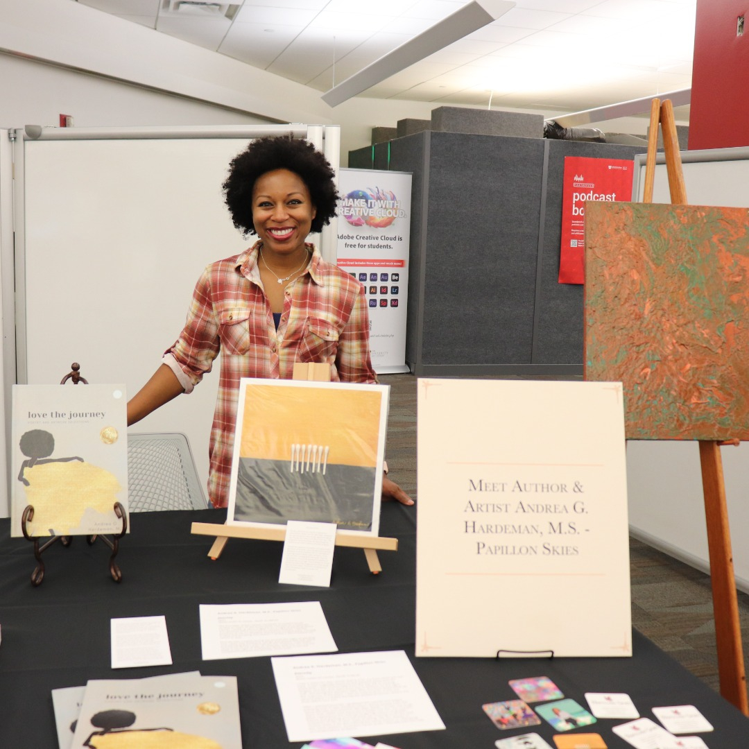 MarriottLibrary's tweet photo. Thank you to artists Garrick Hargrove (https://t.co/0CQ6xvAhWZ) and Andrea Hardeman (https://t.co/0uQxkvZv9u) for displaying your work at our event celebrating black history, art, and culture. Visit their websites and support these brilliant artists! https://t.co/3mjyBYCySN