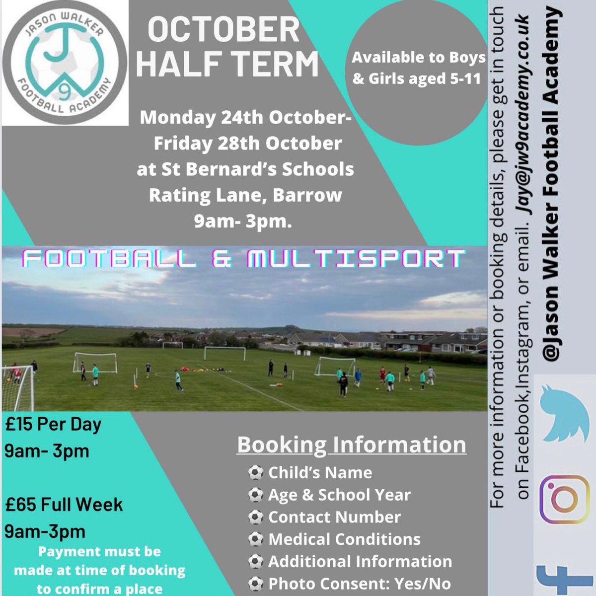 AcademyJw9's tweet photo. ‼️ATTENTION‼️

⚽️JW9 Half Term Camp⚽️ 

Early Bookings recommended! 

Looking forward to see you all there again for lots of fun.

#JW9 #HalfTerCamp #ThisGirlCan #ThisBoyCan #PlayWithASmile #WeOnlyDoPositive 
⚽️🎾🏀⚾️⛳️🤸‍♀️🏏 https://t.co/Ye52EDJCsJ