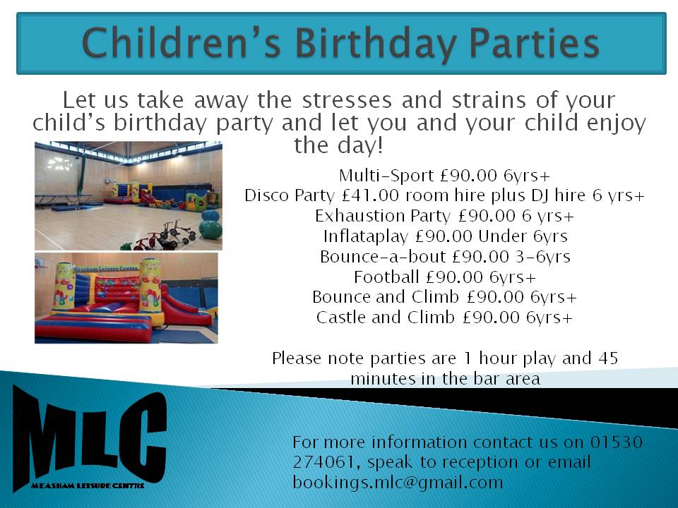 It's never too early to book your childs party. Limited spaces available over the coming months Book now! <a href="/NWLeics/">NWL District Council</a> <a href="/MeashamPC/">Measham Parish</a> <a href="/OneMeasham/">One Measham</a> <a href="/leicslive/">LeicestershireLive</a> <a href="/AshbyTimes/">Ashby</a> <a href="/ThisIsNWLeics/">ThisIsNWLeics</a> <a href="/SwadConnections/">Swadlincote Connect</a> <a href="/CoalvilleTimes/">Coalville Times</a> <a href="/IbstockLife/">Ibstock Life</a> <a href="/ActiveLLROrg/">Active Together (Partners)</a> @MeashamWelfare <a href="/MeashamPS/">Measham CE Primary School</a> #mlc #measham