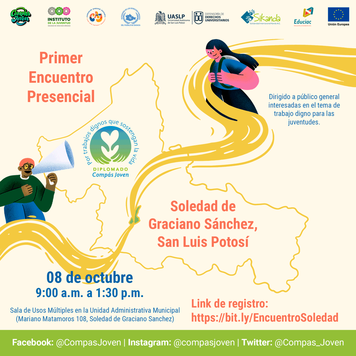 EDUCIAC's tweet photo. Desde el proyecto @Compas_Joven invitamos al 1er Encuentro presencial en #RegiónCentro de #SanLuisPotosí el próximo sábado 8 de octubre 9:00 am. en: Mariano Matamoros 108 en #SoledadDeGracianoSánchez
Inscríbete: https://t.co/NtRyFtJIO7
@UEenMexico | #Educiac
#ProgramaJuventudes https://t.co/PbyLhumAyd