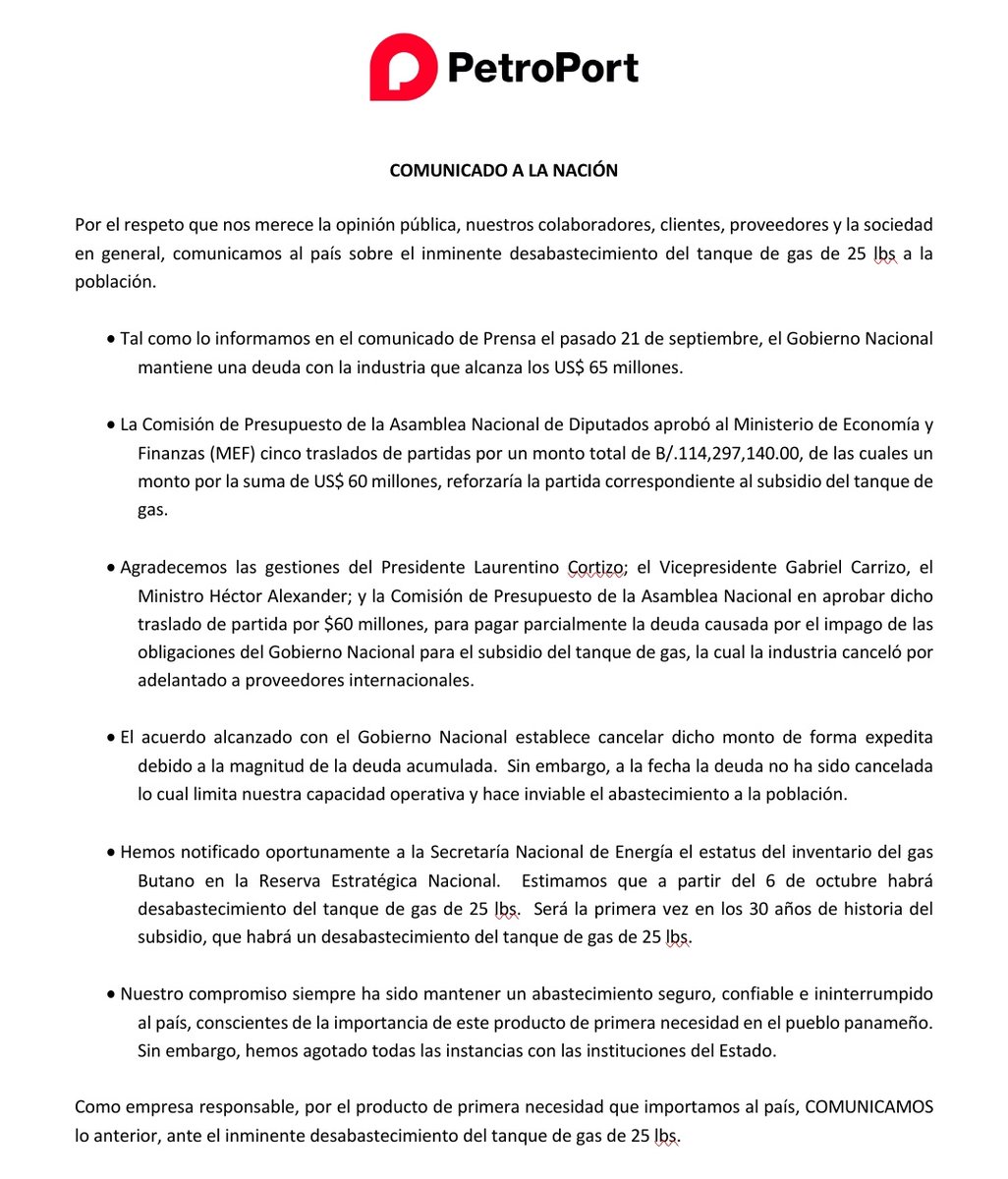 A partir de este jueves 6 de octubre se estima un desabastecimiento del tanque de gas de 25 libras, por falta de pago del subsidio, confirma la empresa PetroPort S.A. <a href="/radiopanama/">Radio Panamá</a>