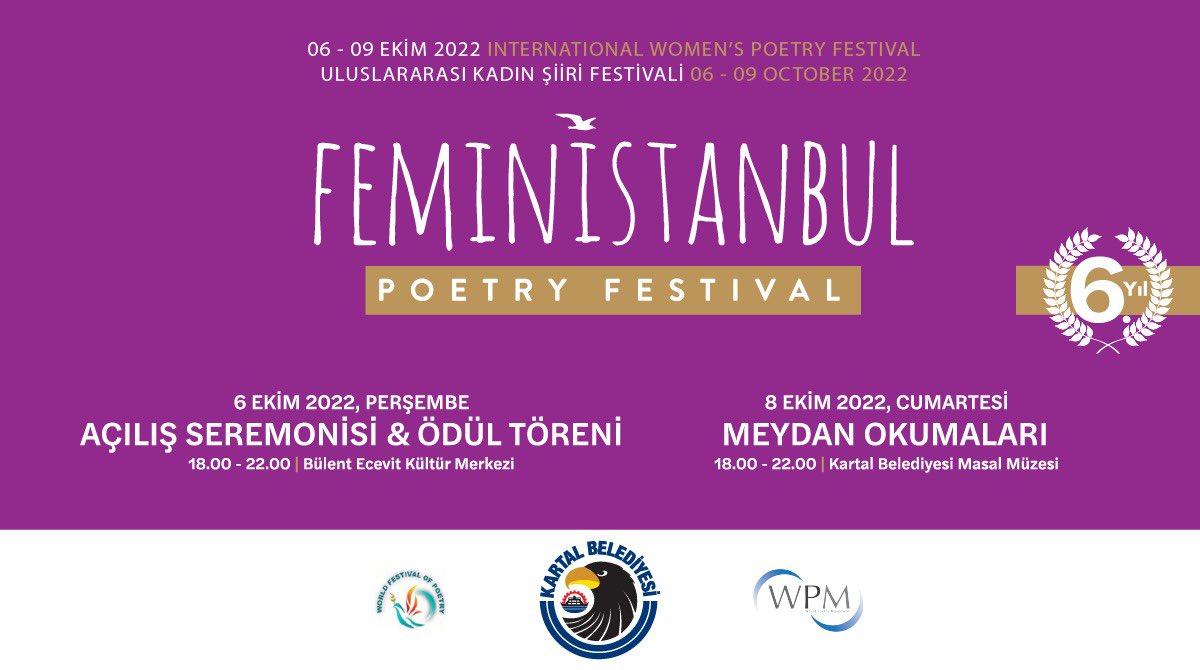 UNESCO’ya bağlı WFP (World Festival of Poetry-Dünya Şiir Festivali) ve WPM (World Poetry Movement-Dünya Şiir Hareketi) iş birliği ile 6-9 Ekim tarihlerinde gerçekleştireceğimiz #Feminİstanbul Festivali'ne tüm komşularımızı bekleriz.