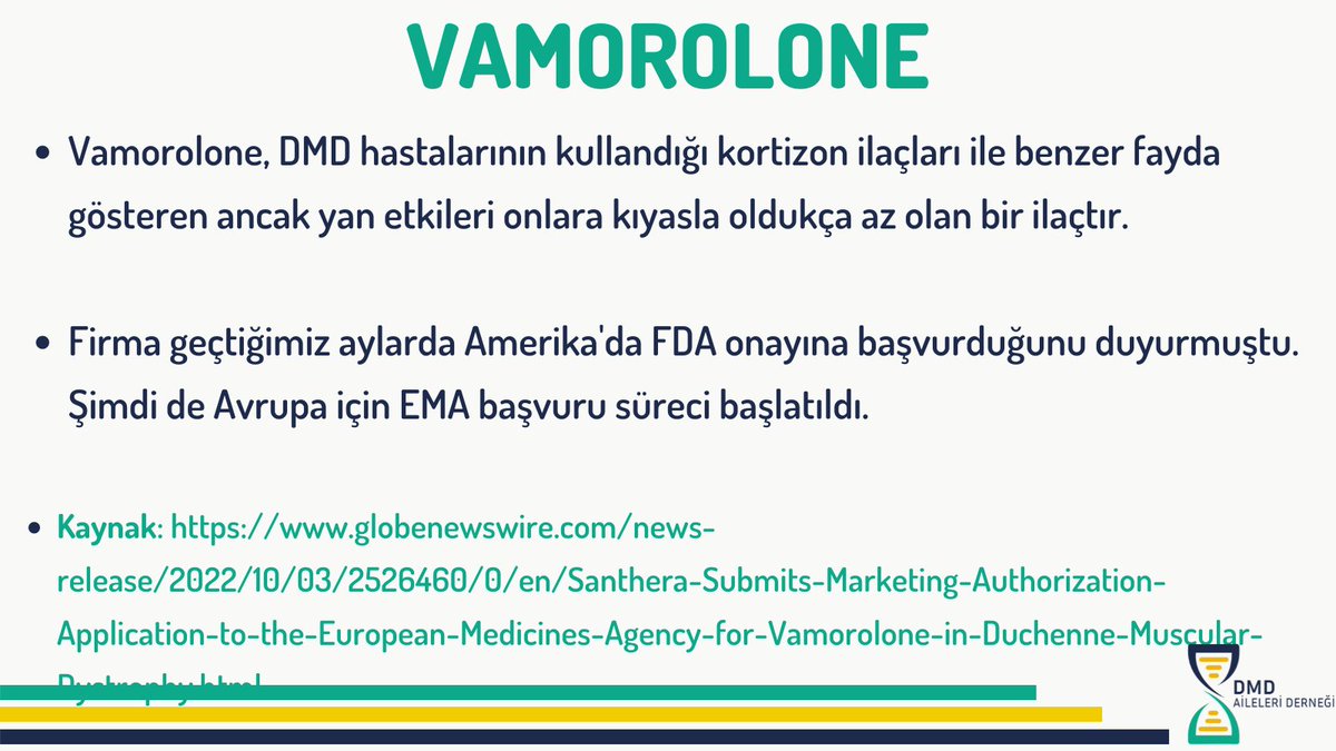 Dmd_aileleri's tweet photo. 📢Yan etkisiz kortizon ilacı Vamorolone için EMA (Avrupa İlaç Ajansı) onay süreci başlatıldı. 

Duyurunun orjinali için: https://t.co/gHLTtgzJyQ https://t.co/PPqb25YQKN