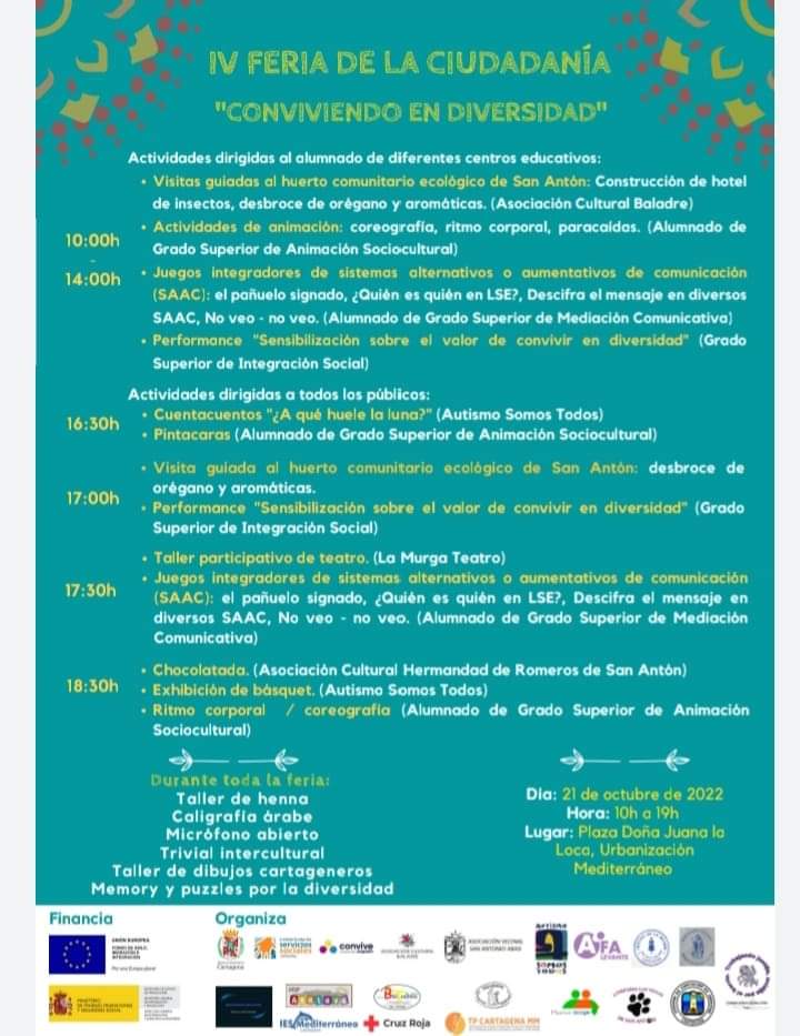 Asociación AUTISMO SOMOS TODOS (@amudeft) on Twitter photo Invitación a la IV Feria de la Ciudadanía organizada por la Coordinadora de Barrios de San Antón y la Urbanización Mediterráneo, el viernes 21 de octubre de 2022, en la Plaza Doña Juana la Loca. Exhibición de basket y para los más peques cuentacuentos con pictos. Invitación a la IV Feria de la Ciudadanía organizada por la Coordinadora de Barrios de San Antón y la Urbanización Mediterráneo, el viernes 21 de octubre de 2022, en la Plaza Doña Juana la Loca. Exhibición de basket y para los más peques cuentacuentos con pictos.