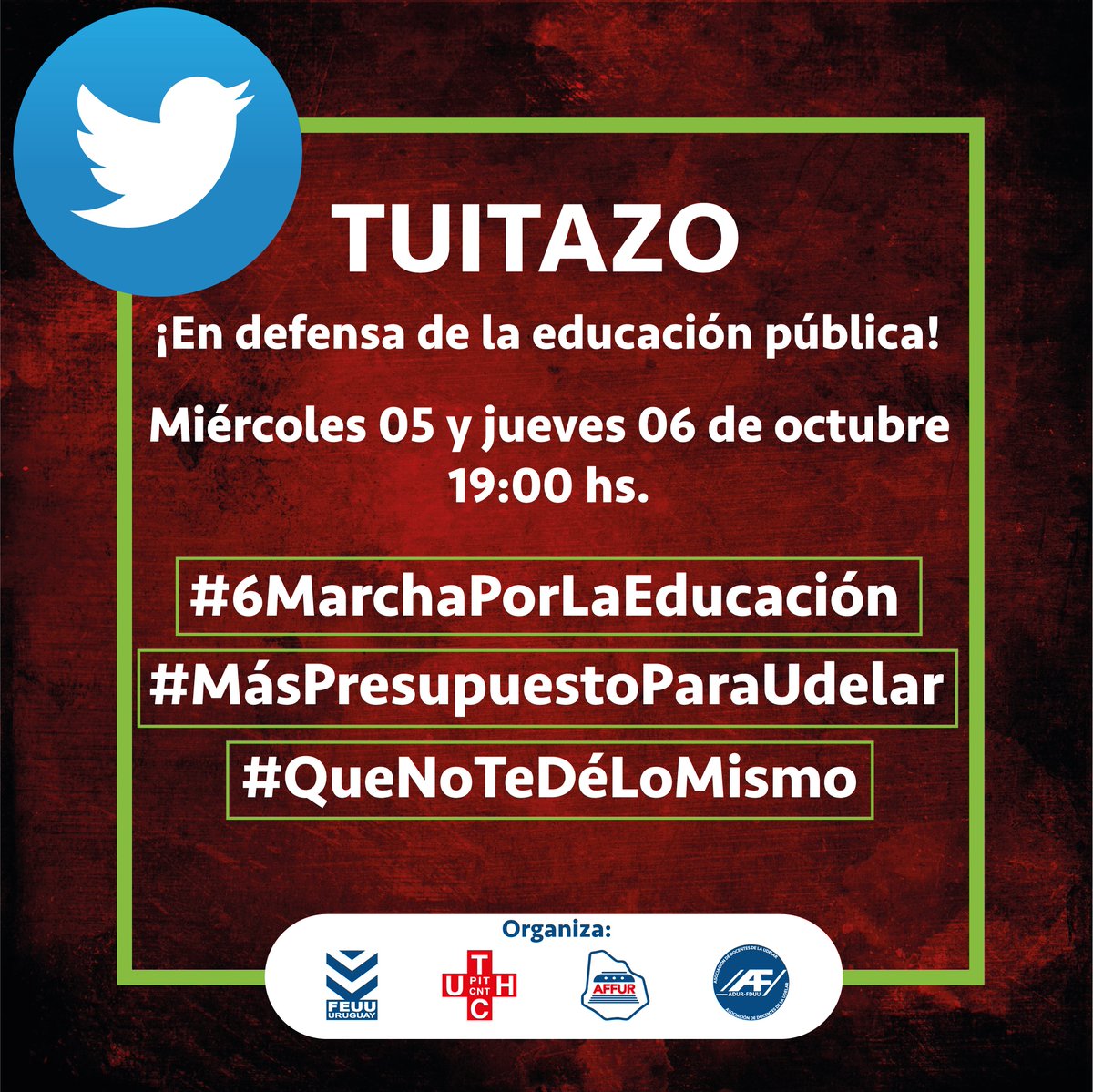 ¡Hasta que el Parlamento escuche!

#6MarchaPorLaEducación 
#MásPresupuestoParaUdelar 
#QueNoTeDéLoMismo