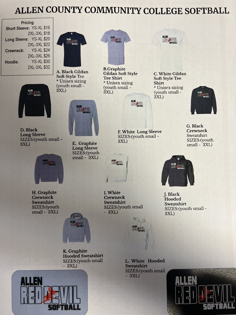 RedDevilSB's tweet photo. It’s that time of the to get your Allen Softball gear! Order yours before October 31st to support your 22-23 Allen Softball team. DM us, contact your favorite player or contact Coach Peters at peters@allencc.edu if interested! https://t.co/WVGtBj6mok