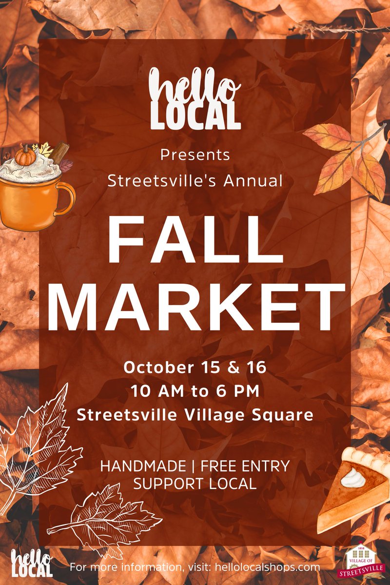 hellolocalshops's tweet photo. Join us next weekend October 15-16 in Streetsville Village Square for our 2nd Annual Fall Market! 🍂 Shop and support local and handmade food, products and accessories. 🛍
#Streetsville #streetsvillebia #hellolocal #Mississauga #shoplocalmississauga #fallmarket #supportlocal https://t.co/jsgkoy6fCj
