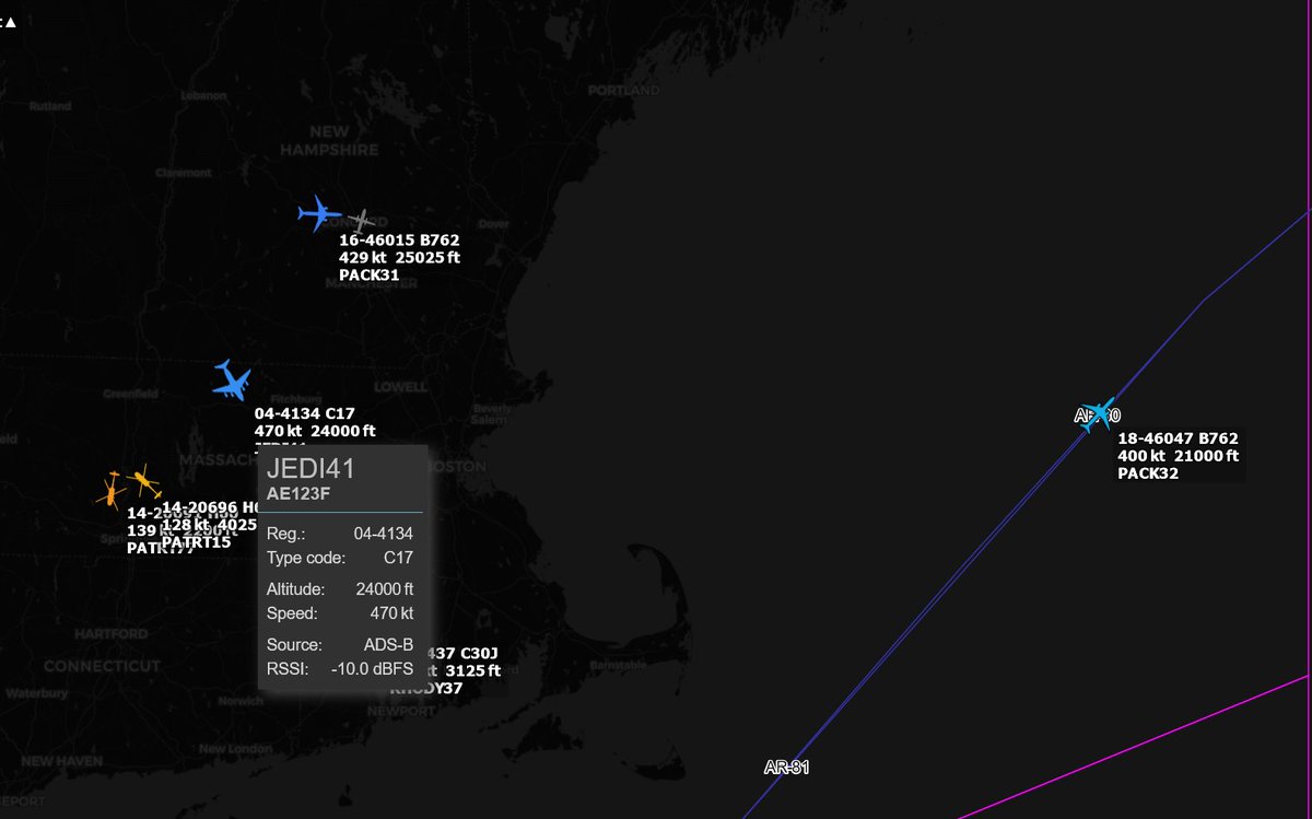 yulaviation's tweet photo. USAF KC46 #PACK31 working AR631. Inter-plane to #PACK32 currently off the cost of Maine. Discussing AAR with with F-15s and C17 #JEDI41
#haveglass #avgeek #avgeeks #ADSB #planespotting #aviation #aviationdaily https://t.co/3aMZq4EX5l
