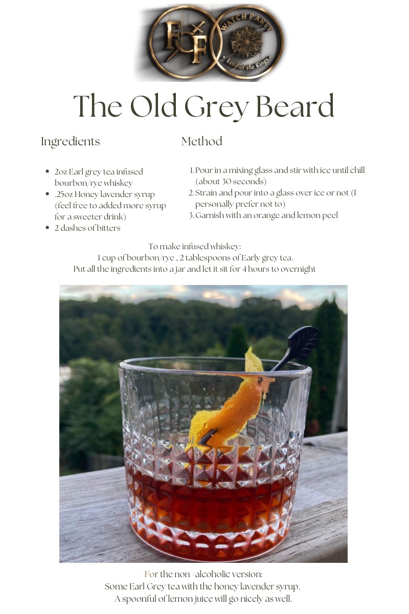 LotrParty's tweet photo. ๐ธDRINKS๐ธ
Our Ep 7 cocktail from @LiquorLore is the "Old Grey Beard," featuring Earl Grey infused whiskey! Start steeping your whiskey now so it's ready for Friday!
Will a certain wizard stranger make an appearance in Ep. 7?
#WatchTheRingsOfPower
#FoFWatchParty https://t.co/j4QRg9d8fh
