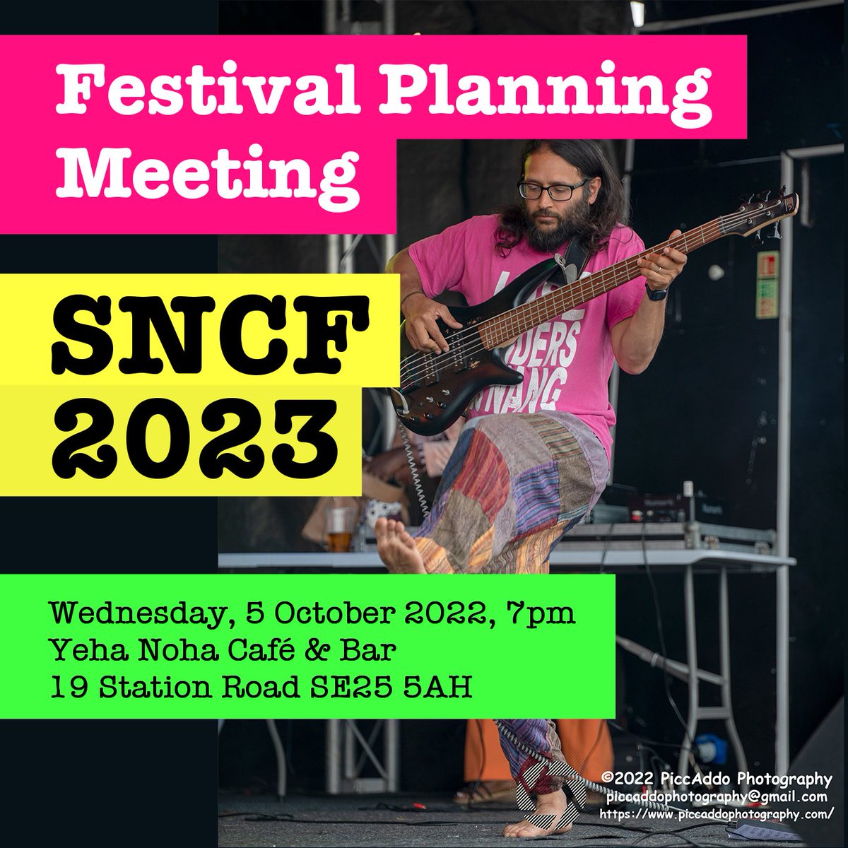 Festival Planning Meeting
SNCF 2023
Wednesday, 5 October 2022, 7pm
Yeha Noha Café &amp; Bar
19 Station Road SE25 5AH
facebook.com/events/1291250…
#southnorwood #festival #croydon #volunteer #volunteers #festivallondon #croydonfestival