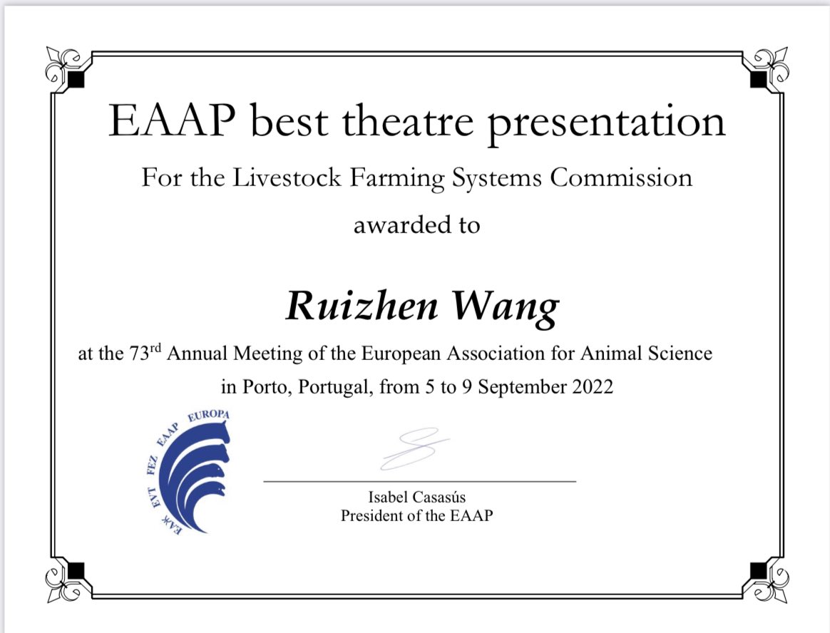 Congrats to Ruizhen Wang, our PhD student with @FraAccatino <a href="/inrae_act/">INRAE_ACT</a>  <a href="/mosar_team/">MoSAR: Systemic modeling applied to ruminants</a> for this eaap award 🥳👏🏻👍 Well deserved!!!