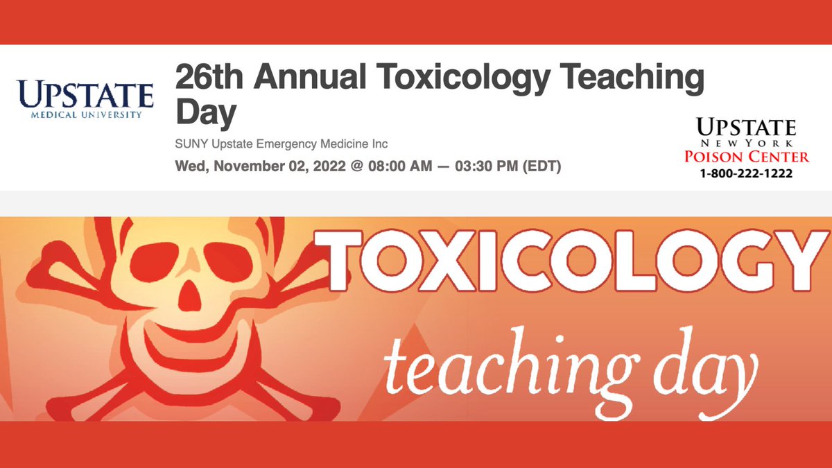 UpstatePoison's tweet photo. 📆 SAVE THE DATE: Our 26th Annual Toxicology Teaching Day is November 2nd!

** This program is intended for physicians, pharmacists, nurses &amp; other health care providers who routinely care for poisoned patients. **

REGISTER &amp; MORE DETAILS:  https://t.co/uGbqfeelcX https://t.co/4U9rpdE6rx