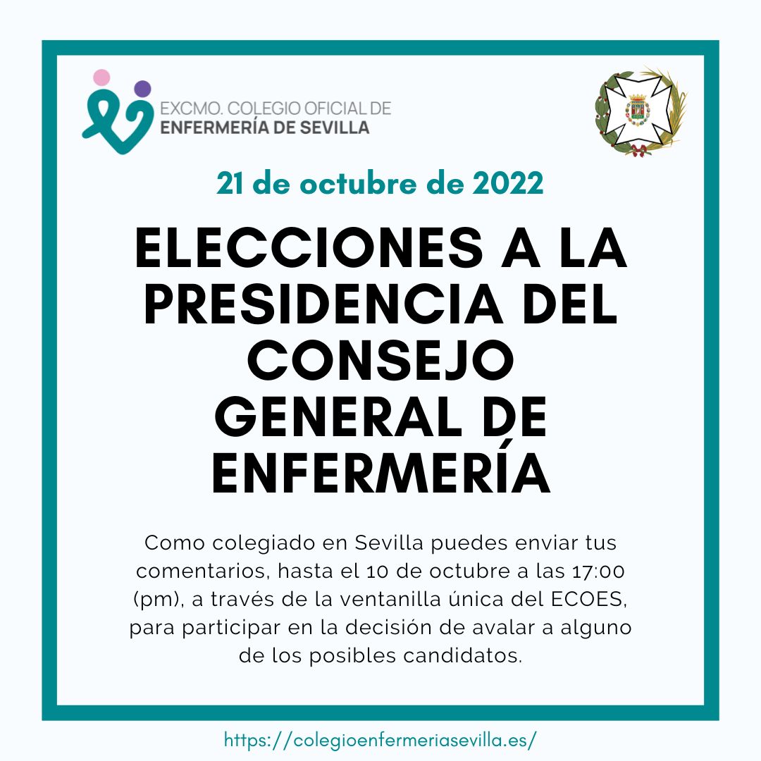 ICOESevilla's tweet photo. ➡️ El @CGEnfermeria convoca elecciones a la Presidencia.
👉 Puedes hacer tus comentarios sobre los candidatos, hasta el 10 de octubre a las 17:00, a través de la ventanilla única del @ecoesevilla .Se tendrán en cuenta al avalarlos.
🔎 Más información: https://t.co/Brk5jpWZ33 https://t.co/TvZPqjzjDY