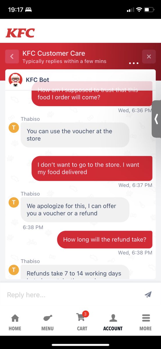 NompiloGwalaOG's tweet photo. @KFCSA I’m so disappointed in your services. I ordered food and never received because your driver stole the food. Your refund takes about 14days like how incompetent of you to hire a thief! I’m angry and hungry. https://t.co/3ArCXSMmbu