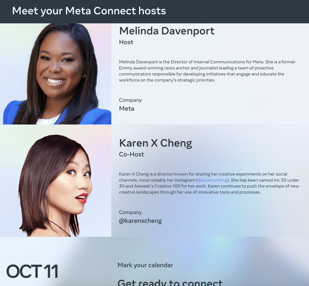 Soo... I got asked to co-host #MetaConnect !! Will be hosting live alongside <a href="/TheMelindaD/">Melinda Davenport</a> on Oct 11th

Btw they are gonna be announcing some legit cool things at this event… I may or may not have gotten a sneak peek 🙈