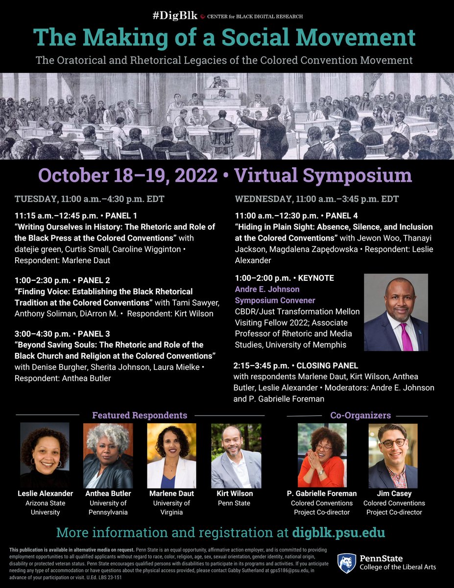 Learn about the rhetorical artistry and dynamism that made up the Colored Conventions and Black nineteenth-century America at our virtual symposium "The Making of a Social Movement." Register at bit.ly/ccsymposium-re…!