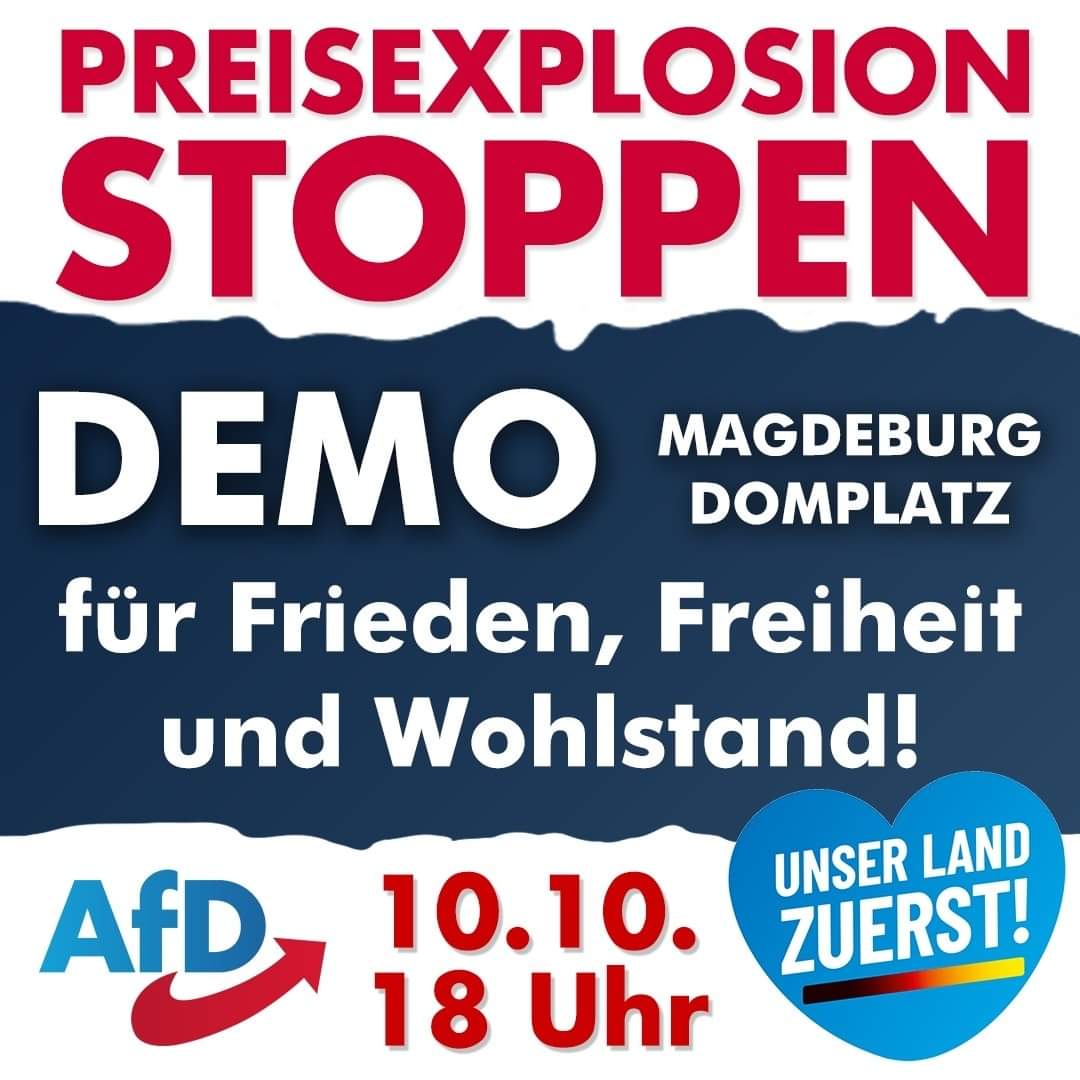 AfD_Magdeburg's tweet image. Nach der Demo ist vor der #Demo. Künftig werden wir verlässlich jeden #Montag eine Kundgebung gegen Verarmung &amp;amp; Kriegstreiberei auf dem #Domplatz in #Magdeburg abhalten. Bleibt mit Eurem Unmut nicht zu Hause, sondern tragt ihn auf die Straße – bringt Nachbarn und Freunde mit! 📢