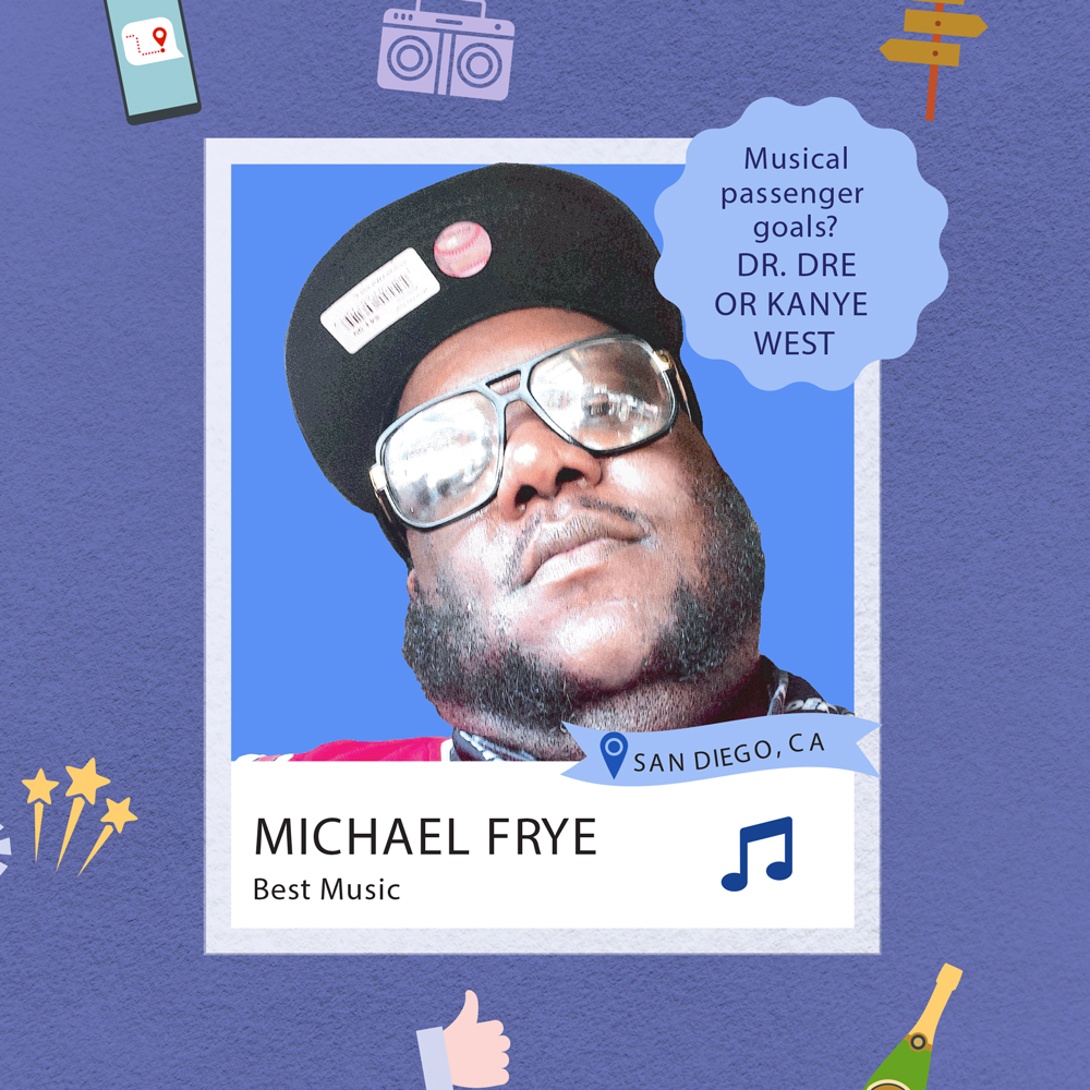 Meet Michael Frye from San Diego, CA, the driver who has received the most “Awesome Music” compliments. Michael hopes to pick up Dr. Dre or Kanye West in an Uber ride one day. Welcome to our first-ever Uber Yearbook with some of the most inspiring people in the Uber community.