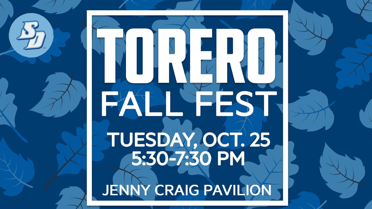 Join us on Tuesday, October 25 at 5:30 p.m. at the Jenny Craig Pavilion for Torero Fall Fest!

This free event will feature a chance to meet our team, autographs, inflatables, pumpkin painting, and more.

RSVP: https://t.co/L74R4cEUXd

#GoToreros https://t.co/CfJw4Nh0Av