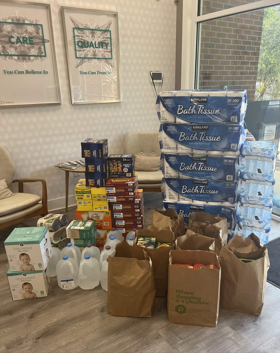 rivers_kim's tweet photo. @Trulieve HQ lobby getting filled with hurricane relief supplies to send to our impacted employees this afternoon! #ByeIan https://t.co/p0S4nBuQEM