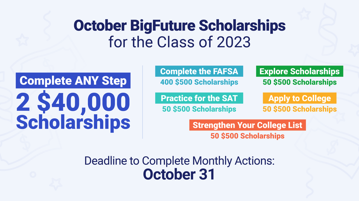 ❇️ SENIORS ❇️ 

There are lots of ways to qualify for #BigFutureScholarships this month! Completing one or more of these college planning steps will put you in the running for $500 and $40,000 scholarships. spr.ly/6013MdSzt
