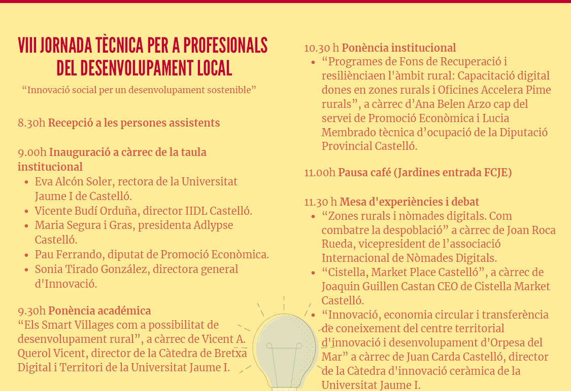 iidl_es's tweet photo. Presentem la VIII Jornada  de desenvolupament local “ Innovació social per a un desenvolupament sostenible”, el proper 7 d’octubre en la Sala de Graus de la @FCJE de la @UJIuniversitat amb la col.laboració @dipcas @adlypse @GVAlabora  #SomUJI
Inscripcions: https://t.co/2sFVx3NVM5 https://t.co/iUFY6AbZym