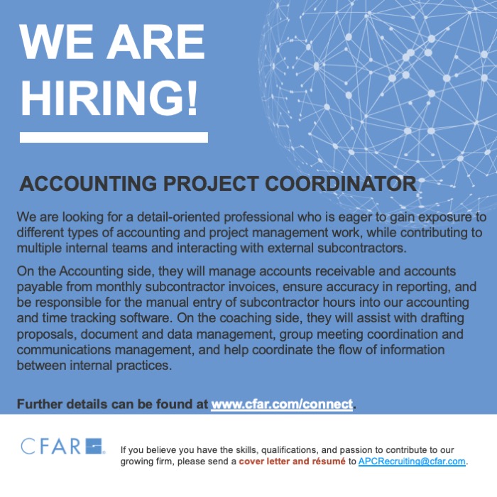 CFAR_INC's tweet photo. We’re #hiring an Accounting Project Coordinator to join our team. We’re looking for a detail-oriented professional who is eager to gain exposure to different types of accounting and project management work. Learn more and apply here: https://t.co/0sVERLYBjE https://t.co/kciSCtcanK