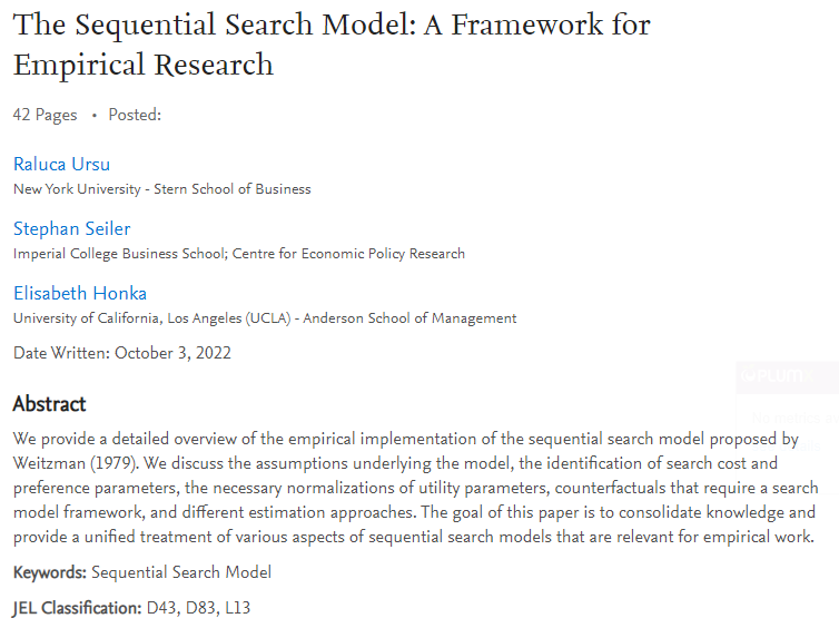 🚨🚨 New Working Paper !!! 🚨🚨

<a href="/ralucamursu/">Raluca Ursu</a>, Elisabeth Honka, and I wrote a survey paper about the use of the sequential search model for empirical work. 

papers.ssrn.com/sol3/papers.cf…
