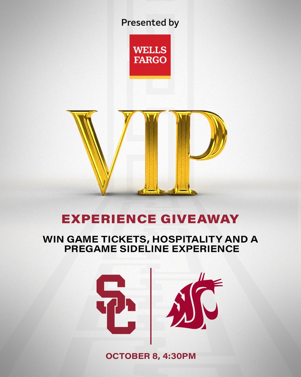 USC Trojans (@usc_athletics) on Twitter photo We're giving one lucky fan a VIP experience at this Saturday's <a href="/uscfb/">USC Football ✌️</a> game, presented by <a href="/WellsFargo/">Wells Fargo</a>!
Retweet to enter for your chance to win! We're giving one lucky fan a VIP experience at this Saturday's <a href="/uscfb/">USC Football ✌️</a> game, presented by <a href="/WellsFargo/">Wells Fargo</a>!
Retweet to enter for your chance to win!