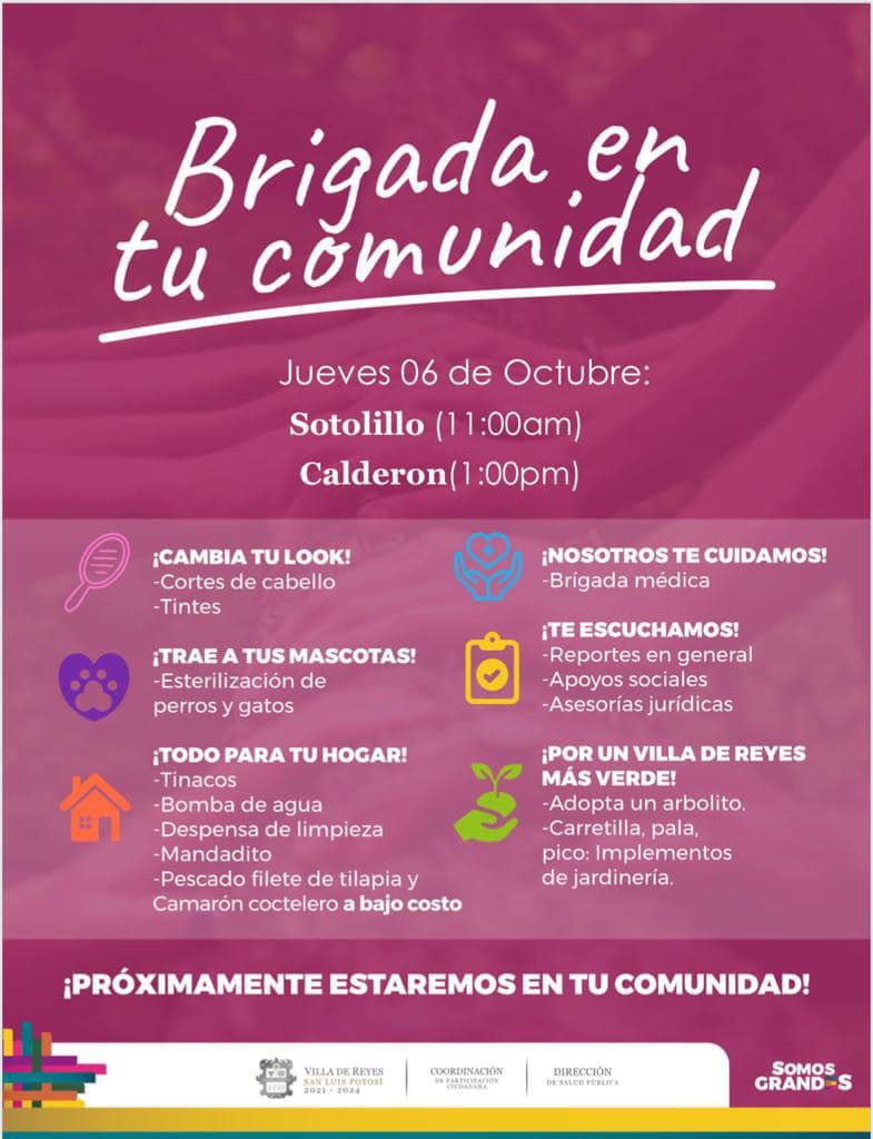 A toda mi gente Villareyenses de Sotolillo y Calderón!!! 

Mañana Jueves 6 de Octubre estaremos llevando hasta sus comunidades nuestro programa #BrigadaEnTuComunidad. Les comparto los horarios: 

📍11:00 am en Sotolillo
📍1:00 pm en Calderón

Contigo #SomosGrandes☀️