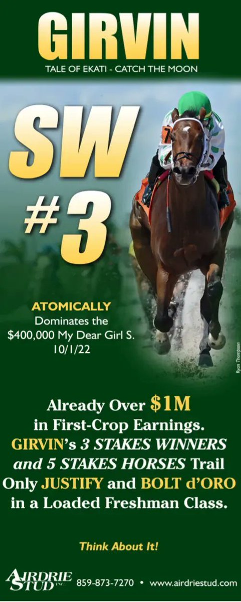 Stakes Winner #3 for GIRVIN, as Atomically dominates the My Dear Girl Stakes!

Girvin, who already has over $1 million in first-crop earnings, is new to <a href="/AirdrieStud/">Airdrie Stud</a> for 2023.