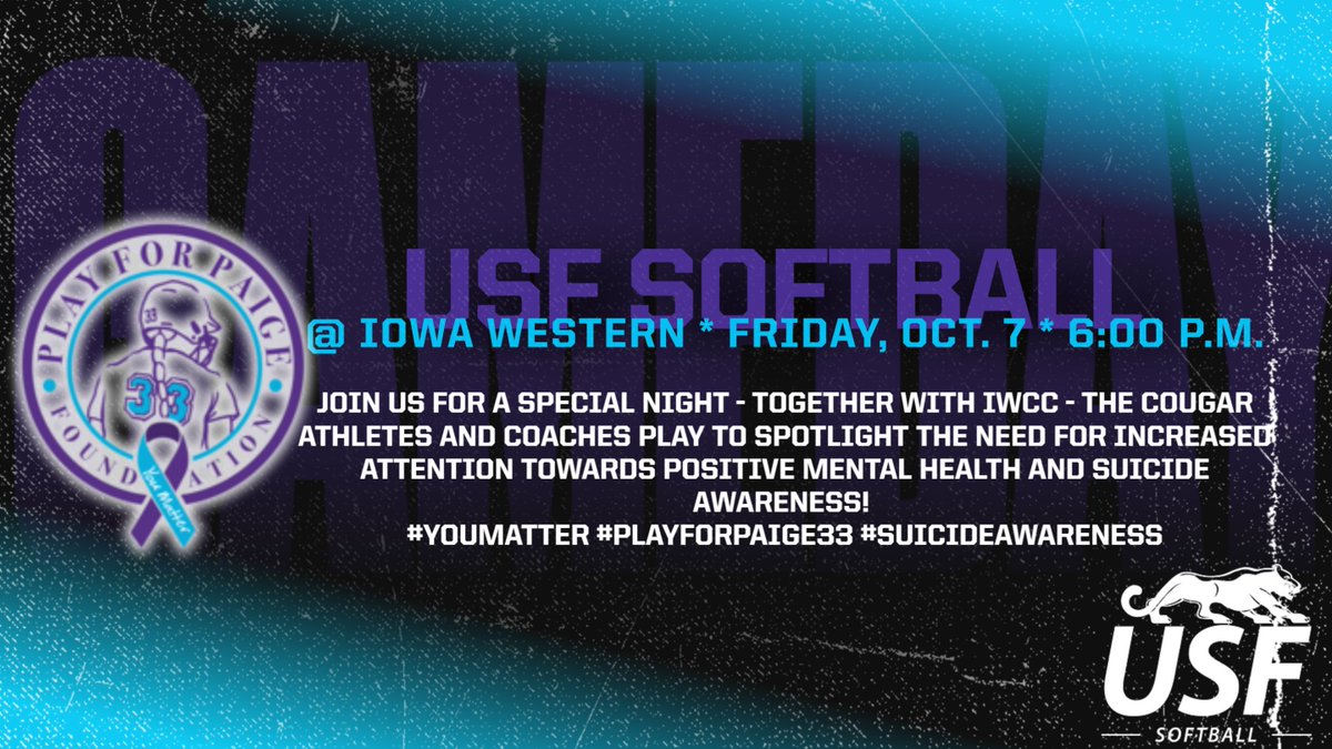 It's GAME WEEK!

We hope you can join us at Iowa Western for a special night this Friday, October 7. First pitch set for 6:00 p.m.

#PlayForPaige33 #YouMatter